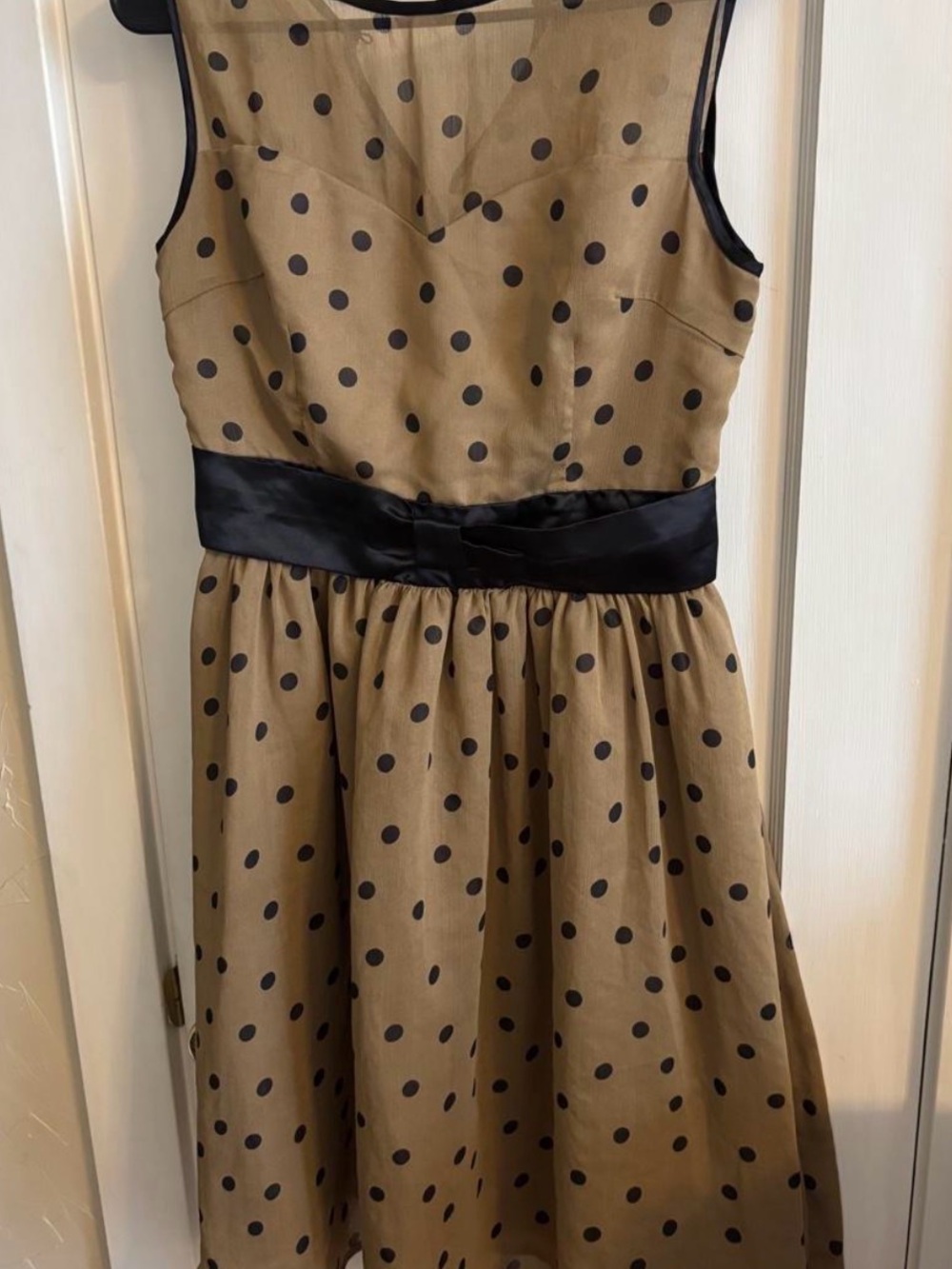 Lindy Bop Beige Black Polka Dot Chiffon Swing Dress Medium M US 8 1950s Pinup